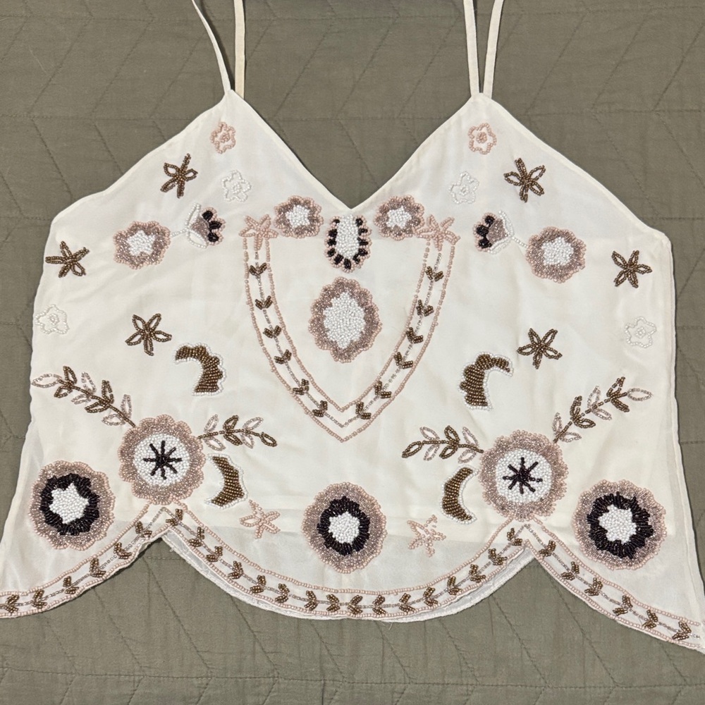 Anthropologie Cream and Brown Embroidered Camisole